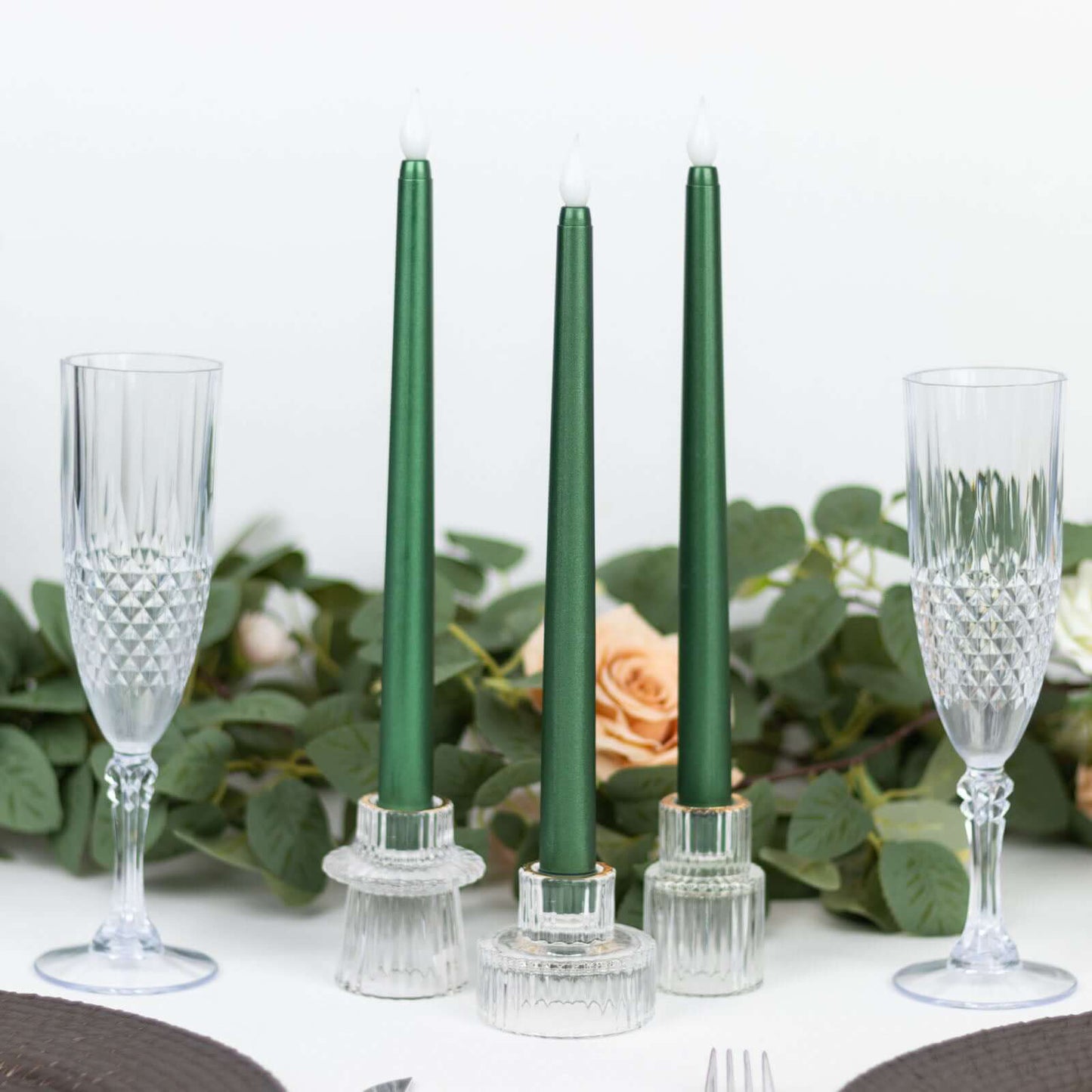 12 Pack 11" LED Taper Candles - Hunter Emerald Green, Flickering Warm Light Battery Operated Flamele