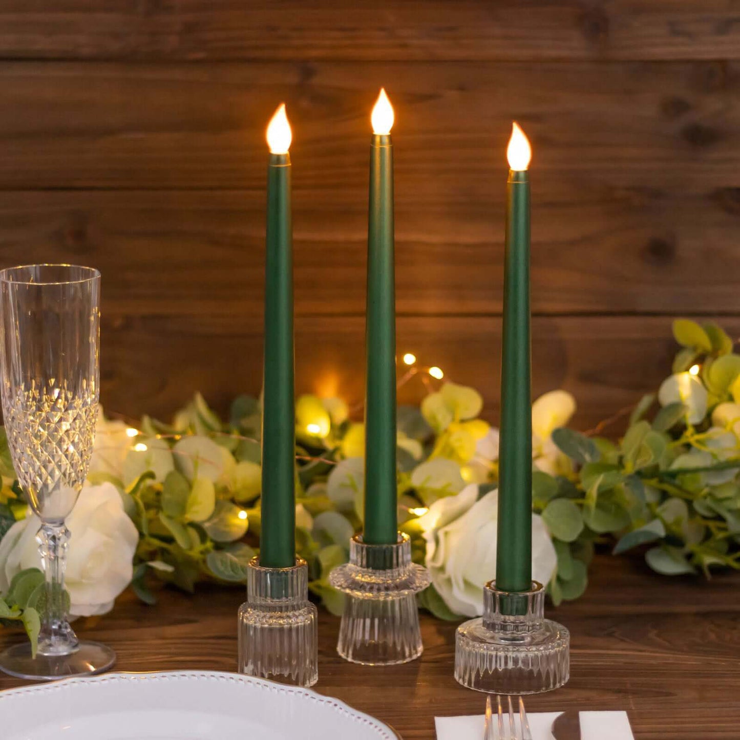 12 Pack 11" LED Taper Candles - Hunter Emerald Green, Flickering Warm Light Battery Operated Flamele