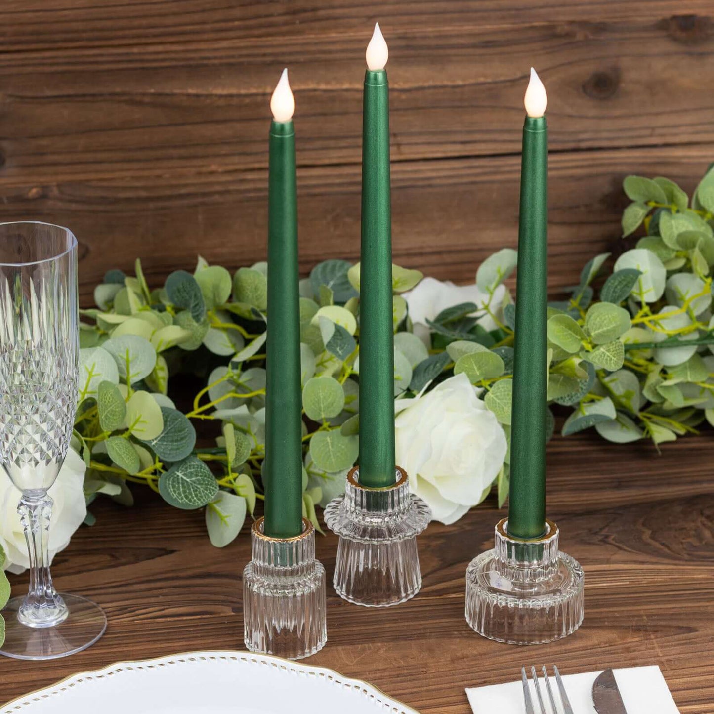 12 Pack 11" LED Taper Candles - Hunter Emerald Green, Flickering Warm Light Battery Operated Flamele