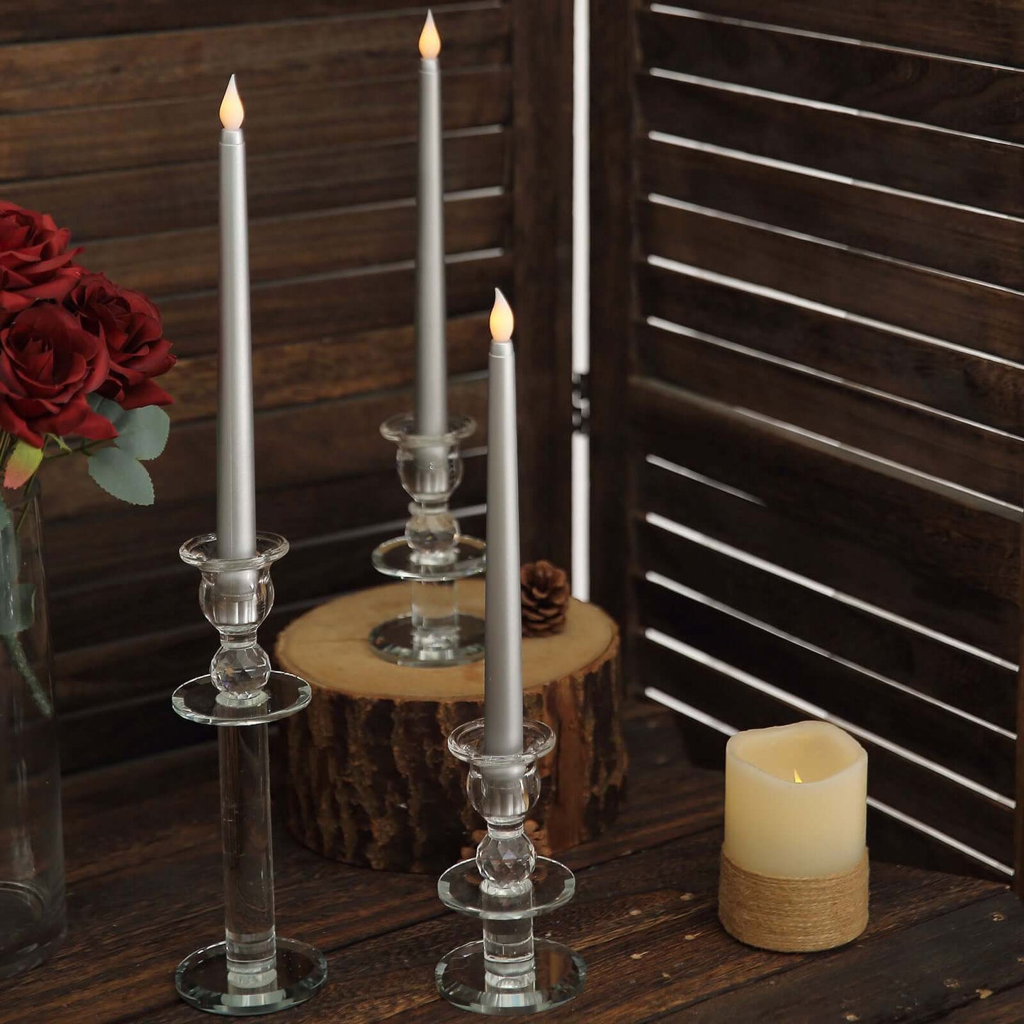 12 Pack 11" LED Taper Candles - Silver, Flickering Warm Light Battery Operated Flameless Candles