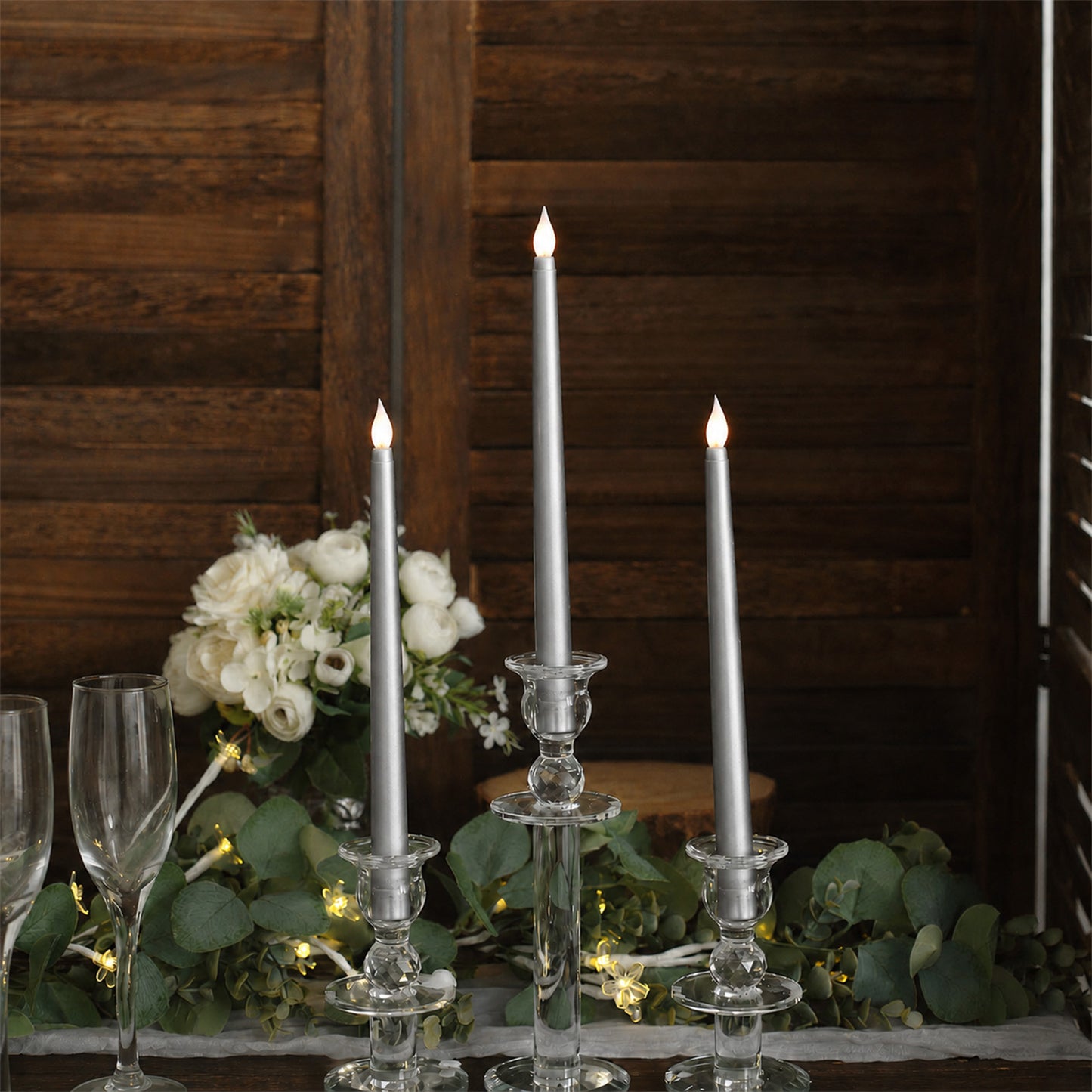 12 Pack 11" LED Taper Candles - Silver, Flickering Warm Light Battery Operated Flameless Candles