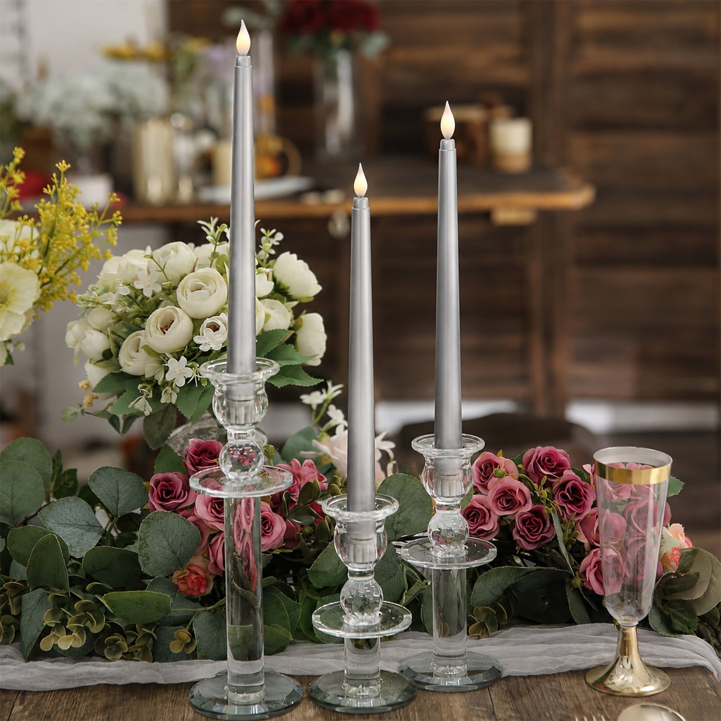 12 Pack 11" LED Taper Candles - Silver, Flickering Warm Light Battery Operated Flameless Candles