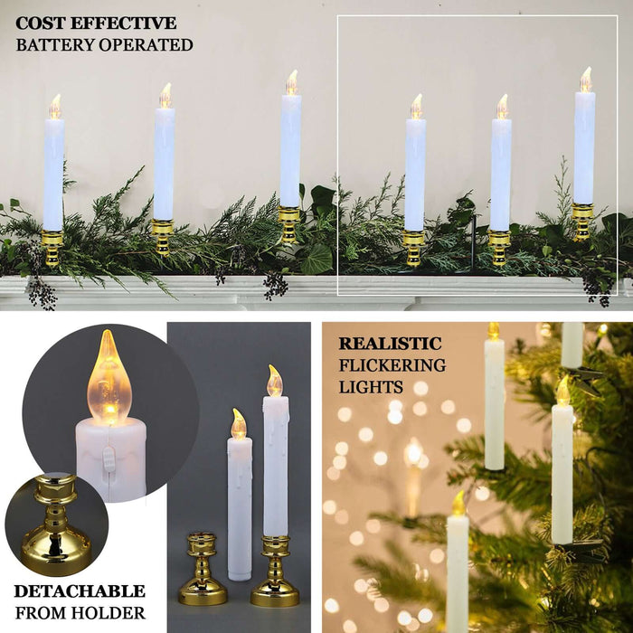 Set of 6 | 10" White Flickering Flameless LED Taper Candles with Removable Gold Candle Holders, Battery Operated Window Candles