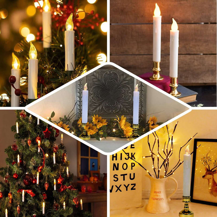 Set of 6 | 10" White Flickering Flameless LED Taper Candles with Removable Gold Candle Holders, Battery Operated Window Candles