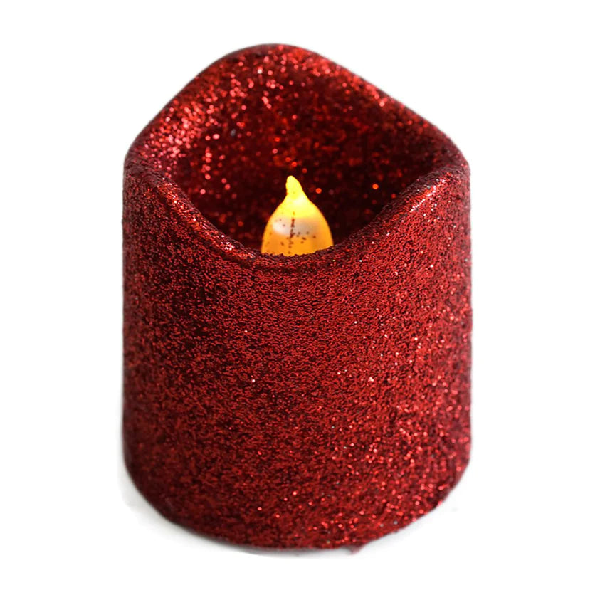 12 Pack Red LED Votive Candles, Glittered Flameless Battery Operated Reusable Candles