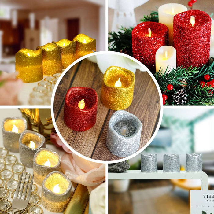 12 Pack | Red Glittered Flameless LED Votive Candles, Battery Operated Reusable Candles