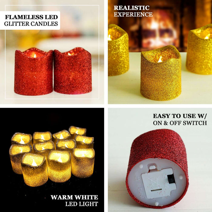 12 Pack | Red Glittered Flameless LED Votive Candles, Battery Operated Reusable Candles