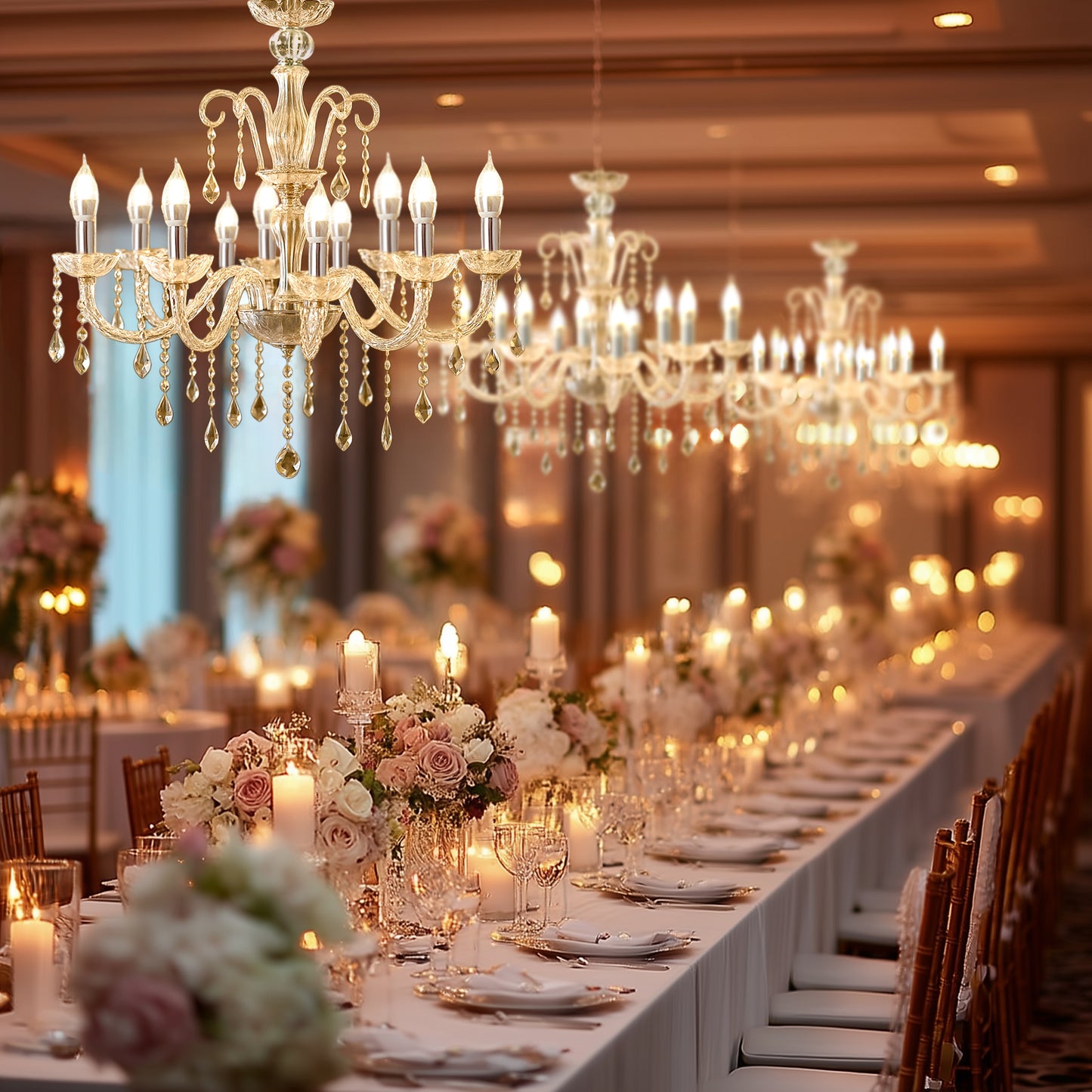 2-Tier Crystal Chandelier with 10 LED Candle Bulbs – Silver Acrylic Ceiling Light Fixture with Decorative Upper Crystals for Dining Room or Foyer – 2.5ft