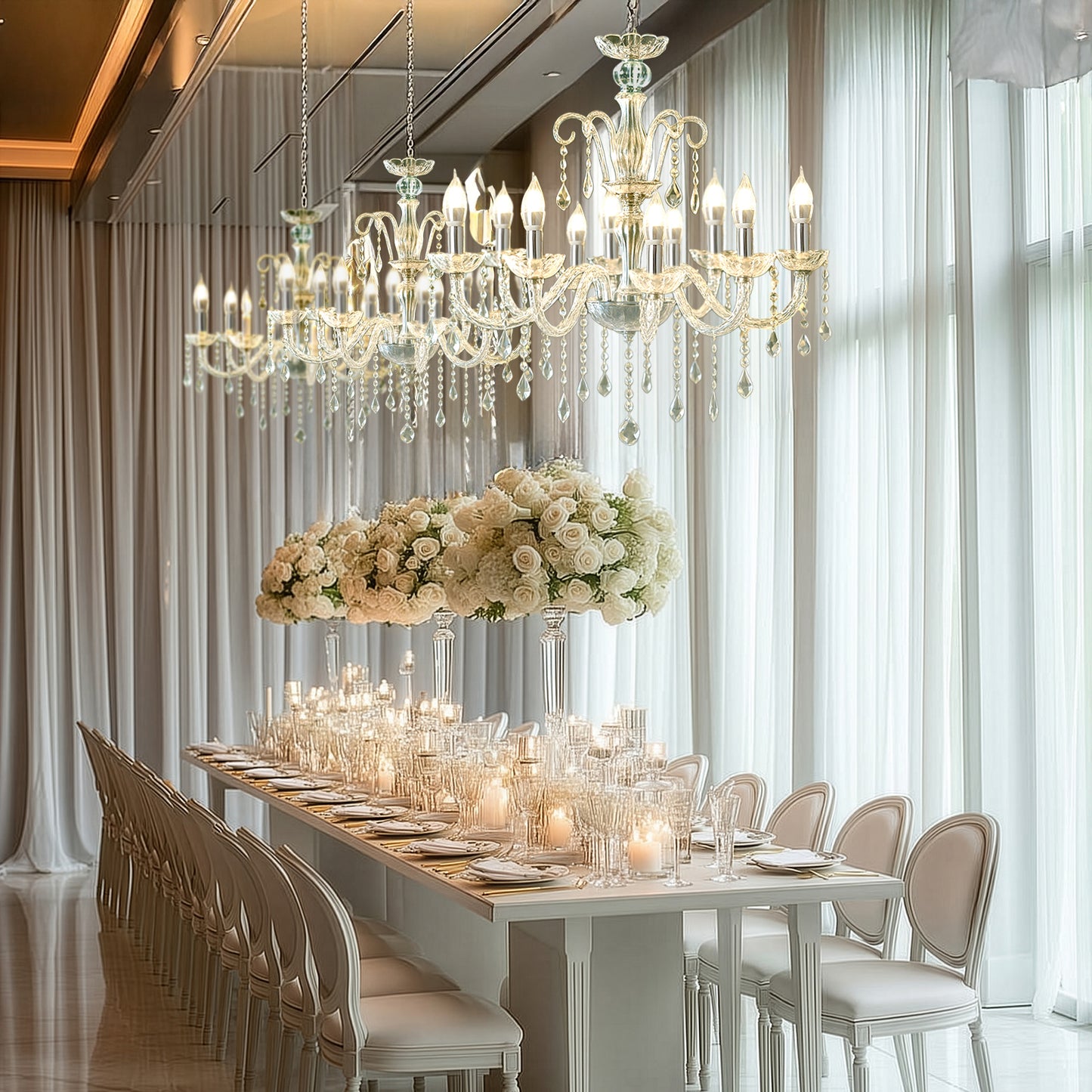 2-Tier Crystal Chandelier with 10 LED Candle Bulbs – Silver Acrylic Ceiling Light Fixture with Decorative Upper Crystals for Dining Room or Foyer – 2.5ft