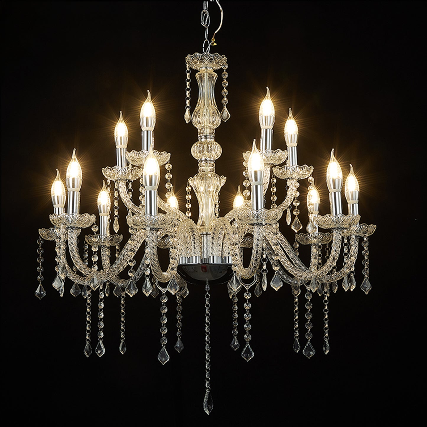 Silver acrylic chandelier with 15 LED candle bulbs, ideal for dining room or foyer.