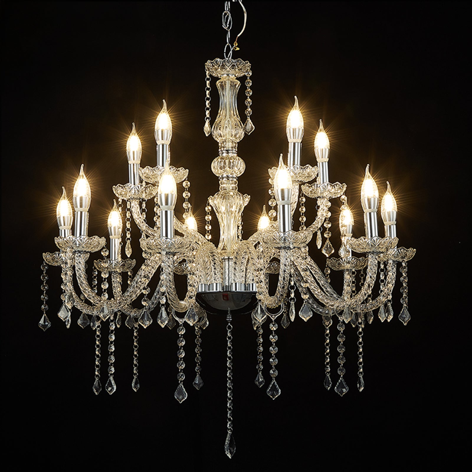 Silver acrylic chandelier with 15 LED candle bulbs, ideal for dining room or foyer.