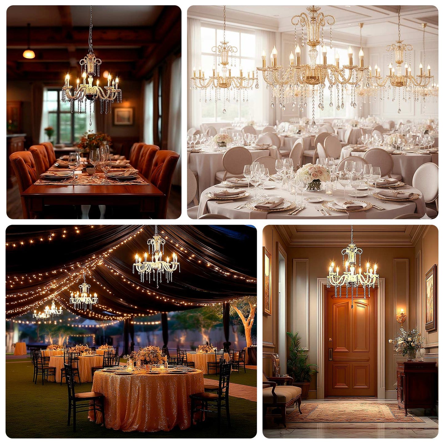 2-Tier Crystal Chandelier with 10 LED Candle Bulbs – Silver Acrylic Ceiling Light Fixture with Decorative Upper Crystals 2.5ft