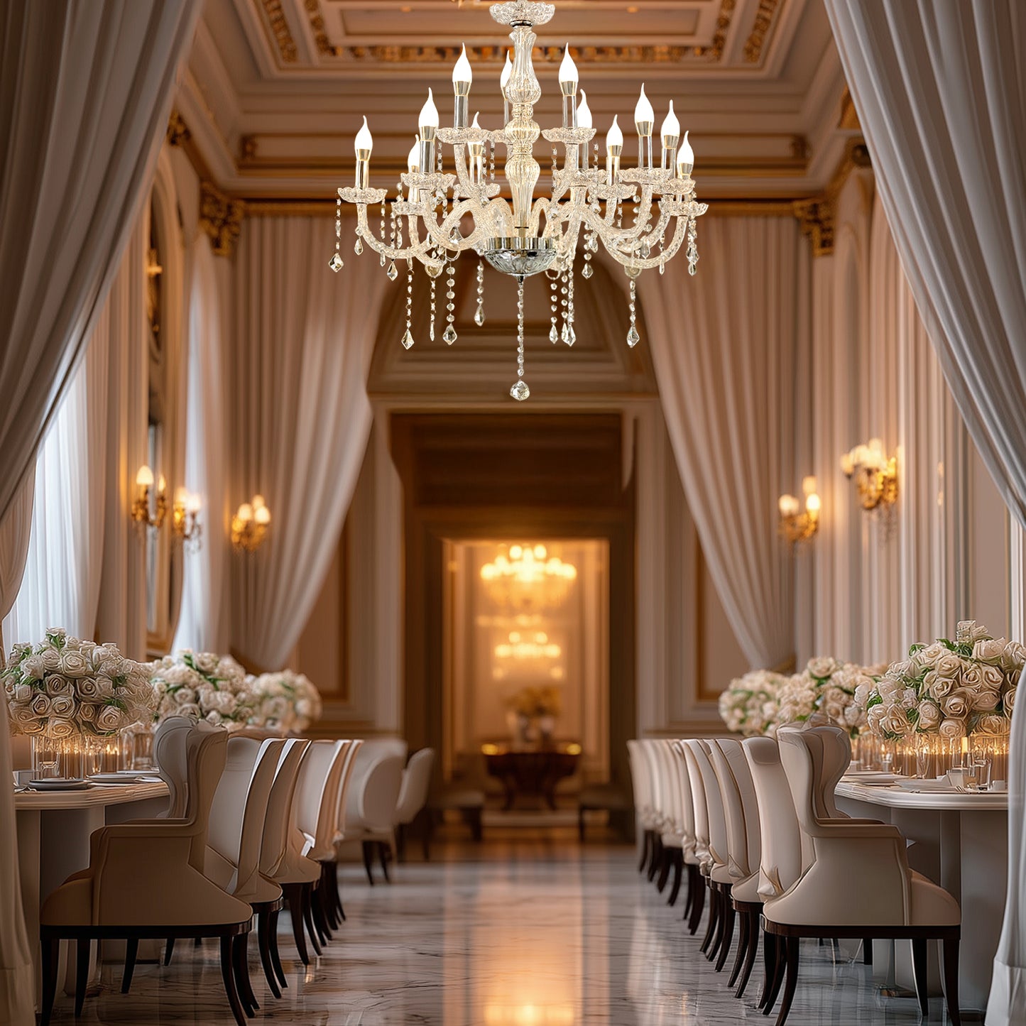 Silver crystal chandelier with LED candle bulbs in elegant dining room setting.