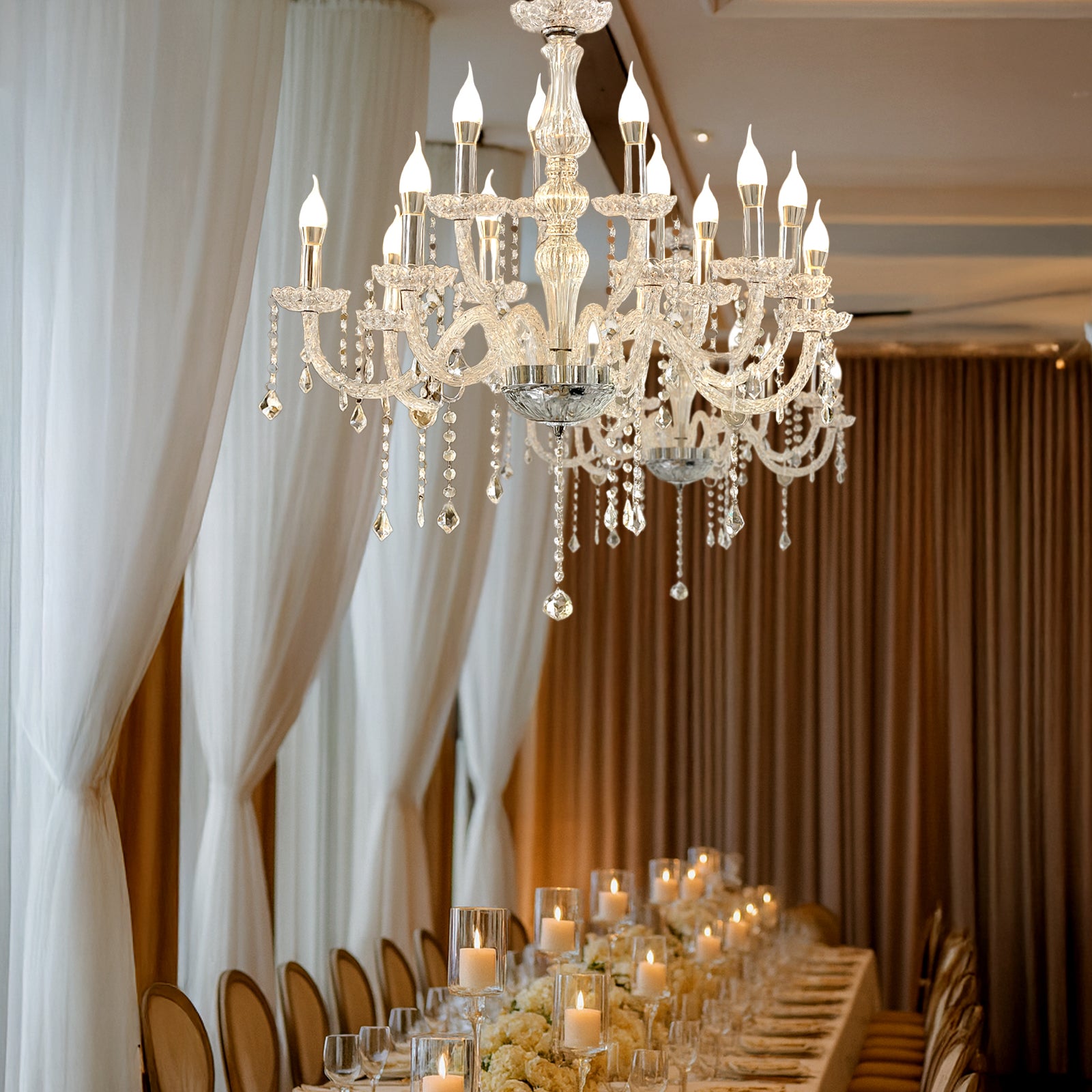 Silver crystal chandelier with LED candle bulbs above an elegant dining table.