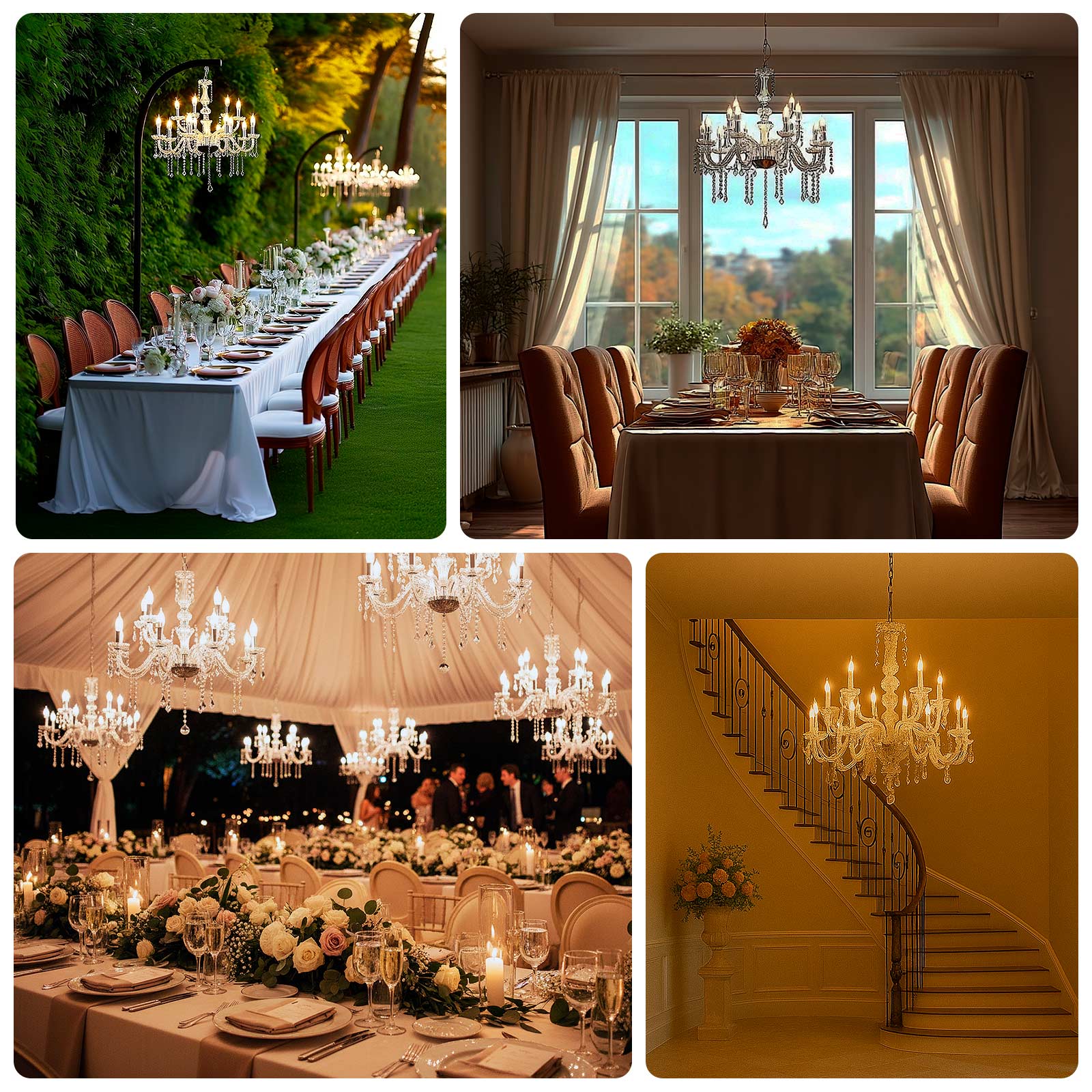 Silver chandelier with LED candle bulbs illuminating elegant dining settings.
