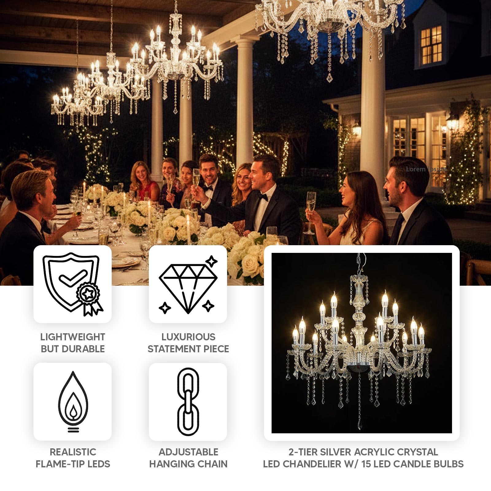 Silver acrylic crystal chandelier with 15 LED candle bulbs, elegantly illuminating a dining scene.