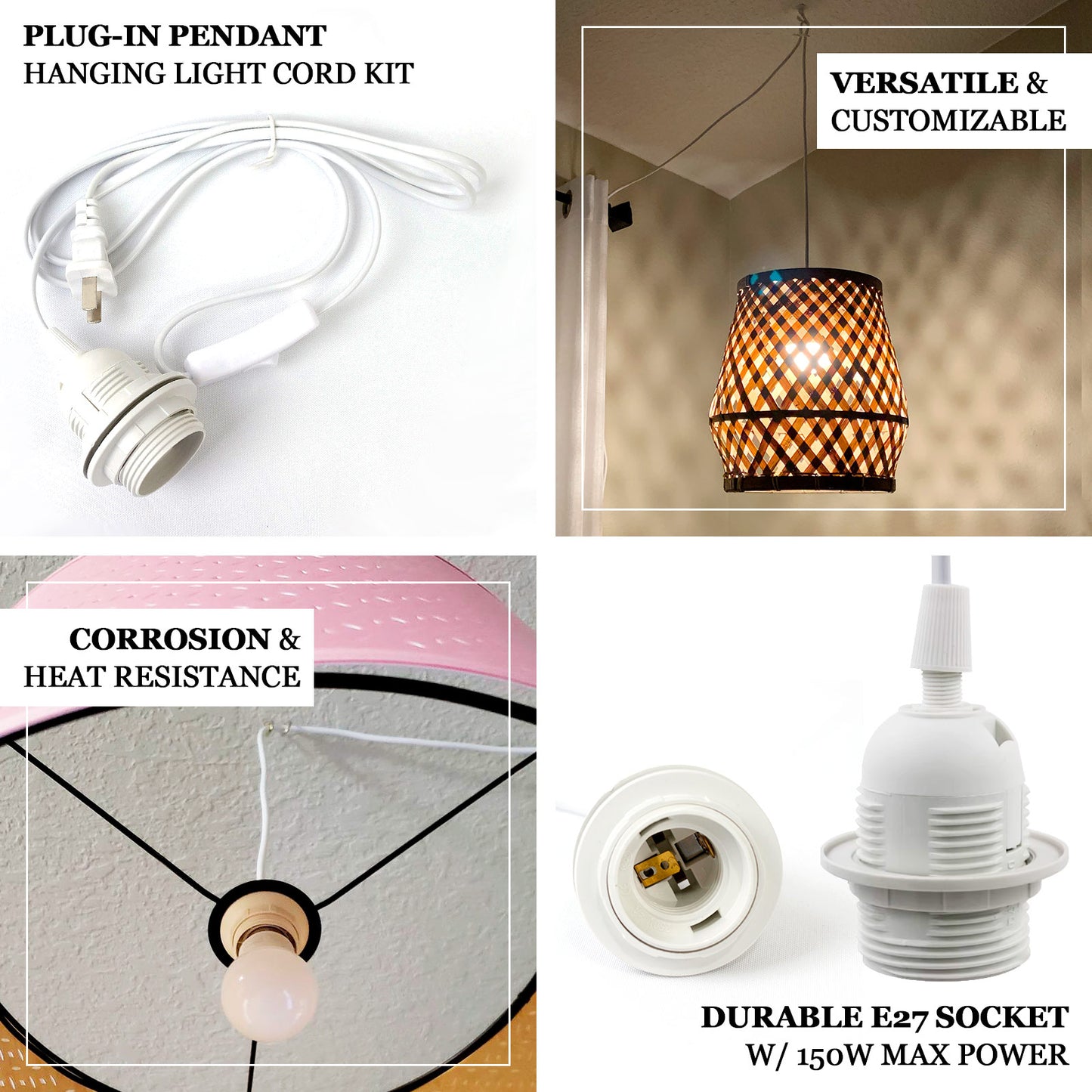 3 Pack E27 Light Socket with 6ft Plug-in Cord, On/Off Switch, 150W Max, US Plug, White