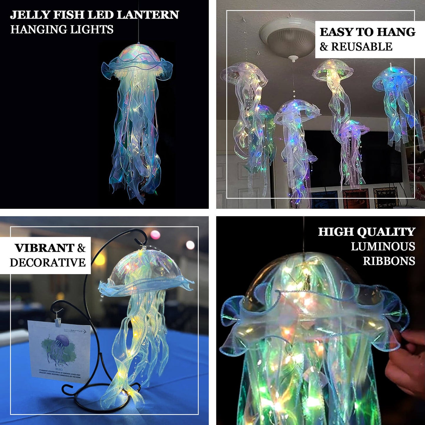 Blue purple jellyfish lantern lights with organza ribbons, ideal for mermaid-themed decor.