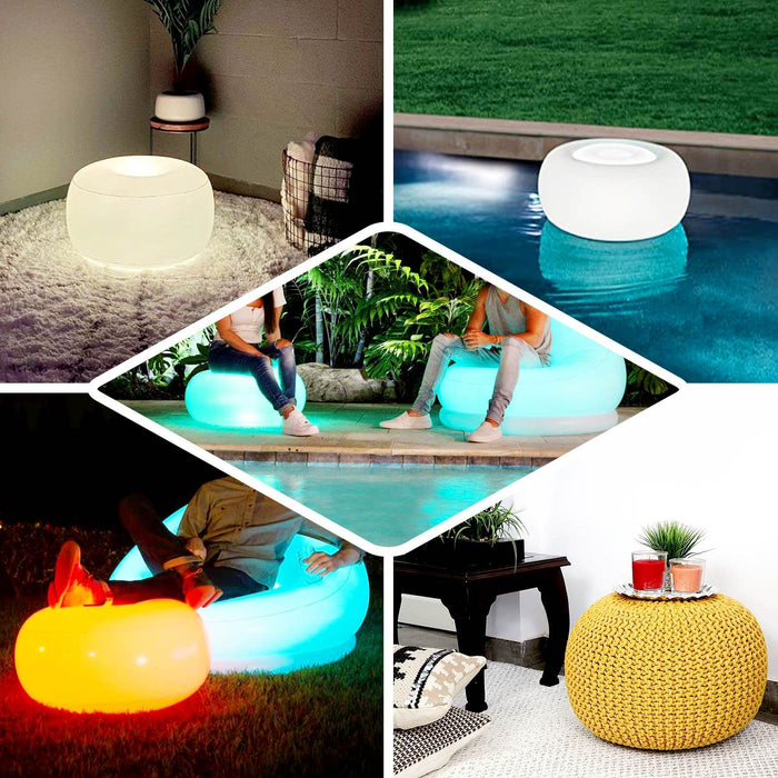 22" Color Changing LED Light Up Inflatable Pouf Ottoman, Waterproof Illuminated Remote Battery Operated Furniture