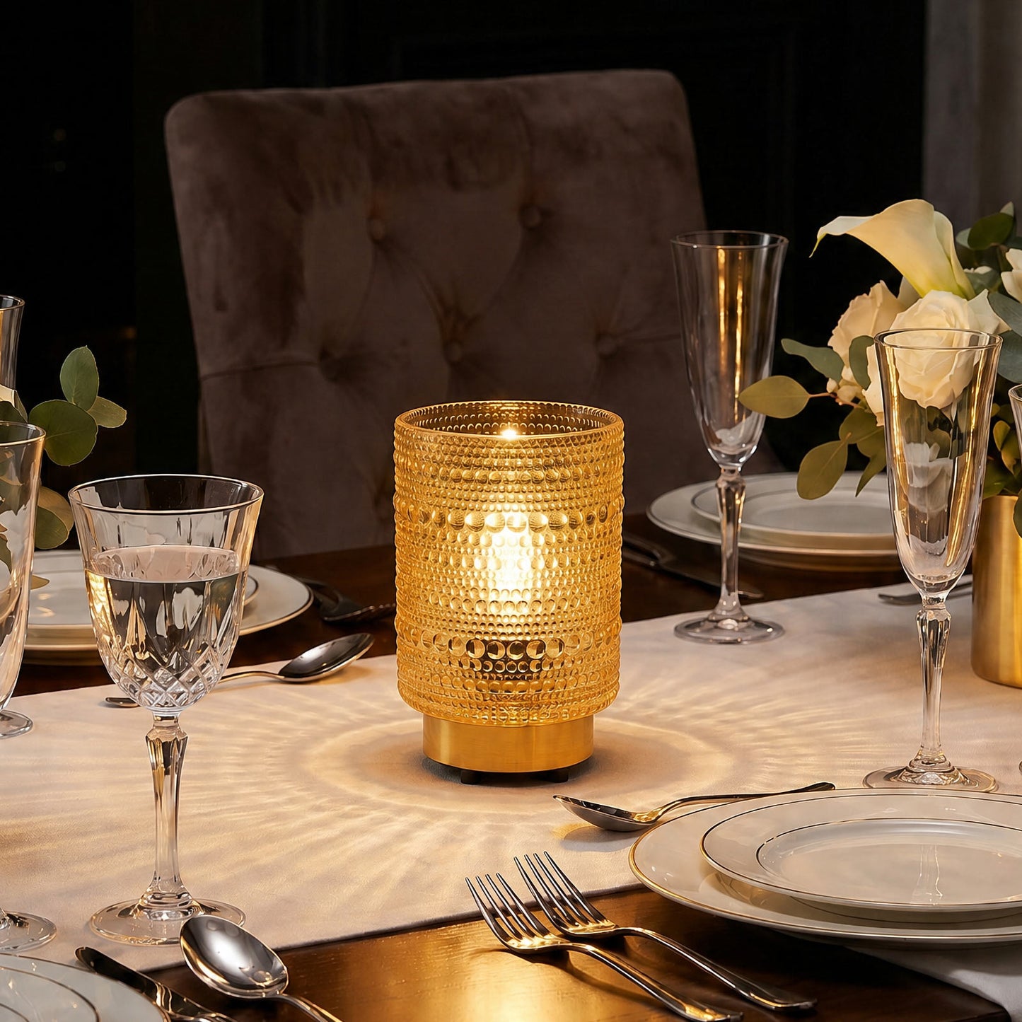 Amber Gold Hobnail Glass Cordless Table Lamp 5.5" – USB Rechargeable Filament LED, Portable Accent L