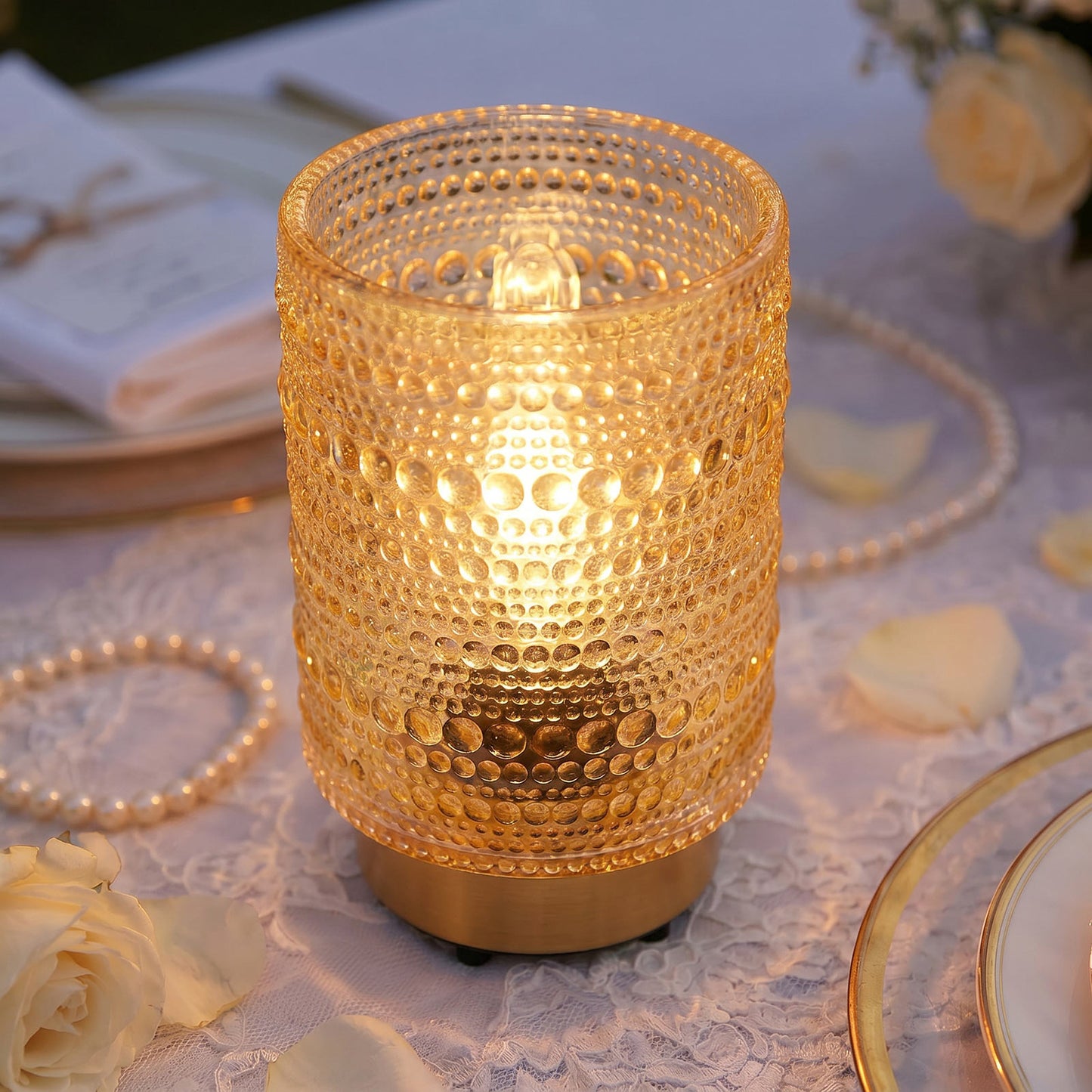 Amber Gold Hobnail Glass Cordless Table Lamp 5.5" – USB Rechargeable Filament LED, Portable Accent L