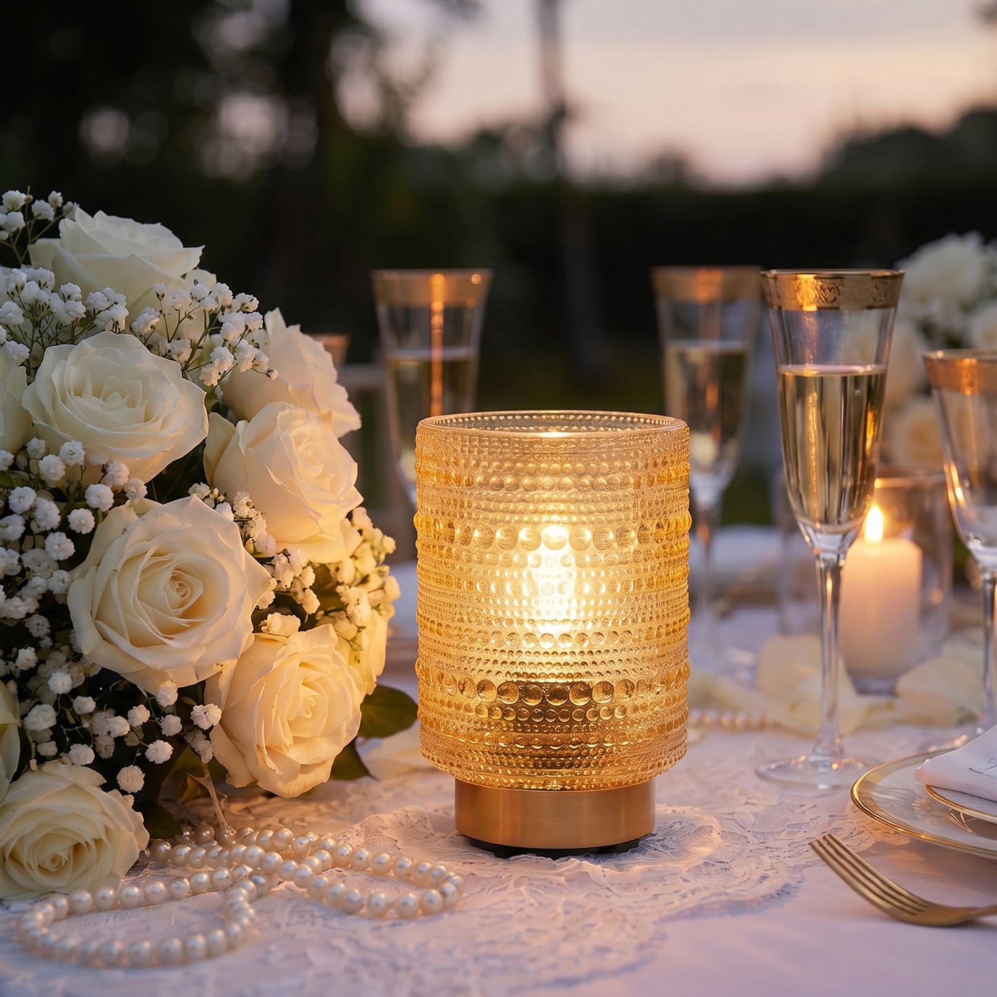Amber Gold Hobnail Glass Cordless Table Lamp 5.5" – USB Rechargeable Filament LED, Portable Accent L