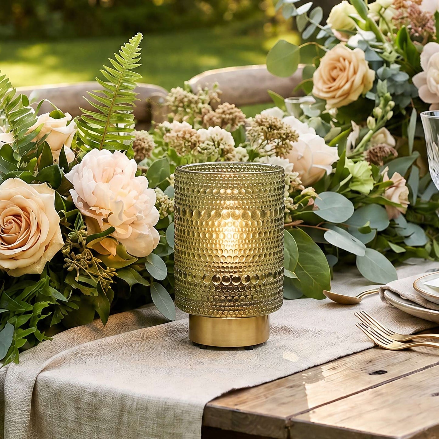 Dusty Sage Green Hobnail Glass Cordless Table Lamp 5.5" – USB Rechargeable Filament LED, Portable Ac