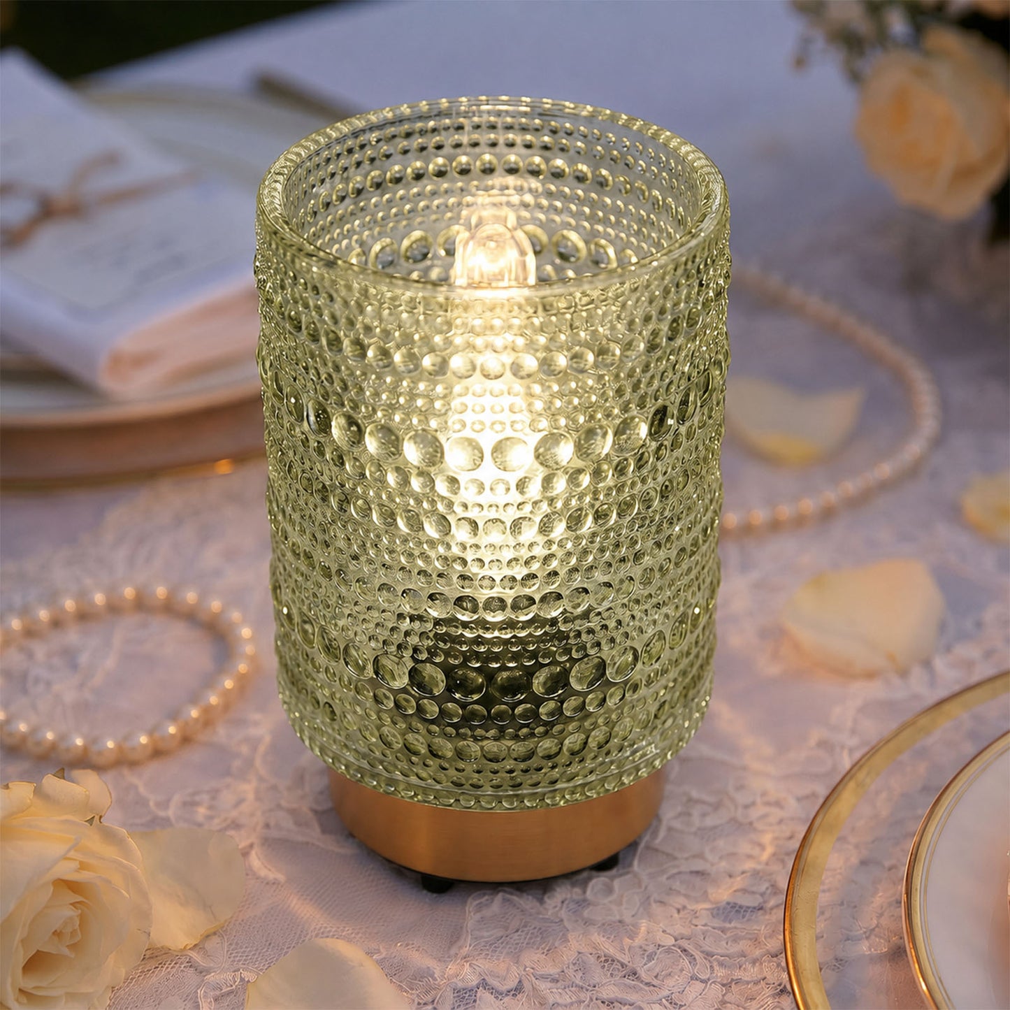 Dusty Sage Green Hobnail Glass Cordless Table Lamp 5.5" – USB Rechargeable Filament LED, Portable Ac