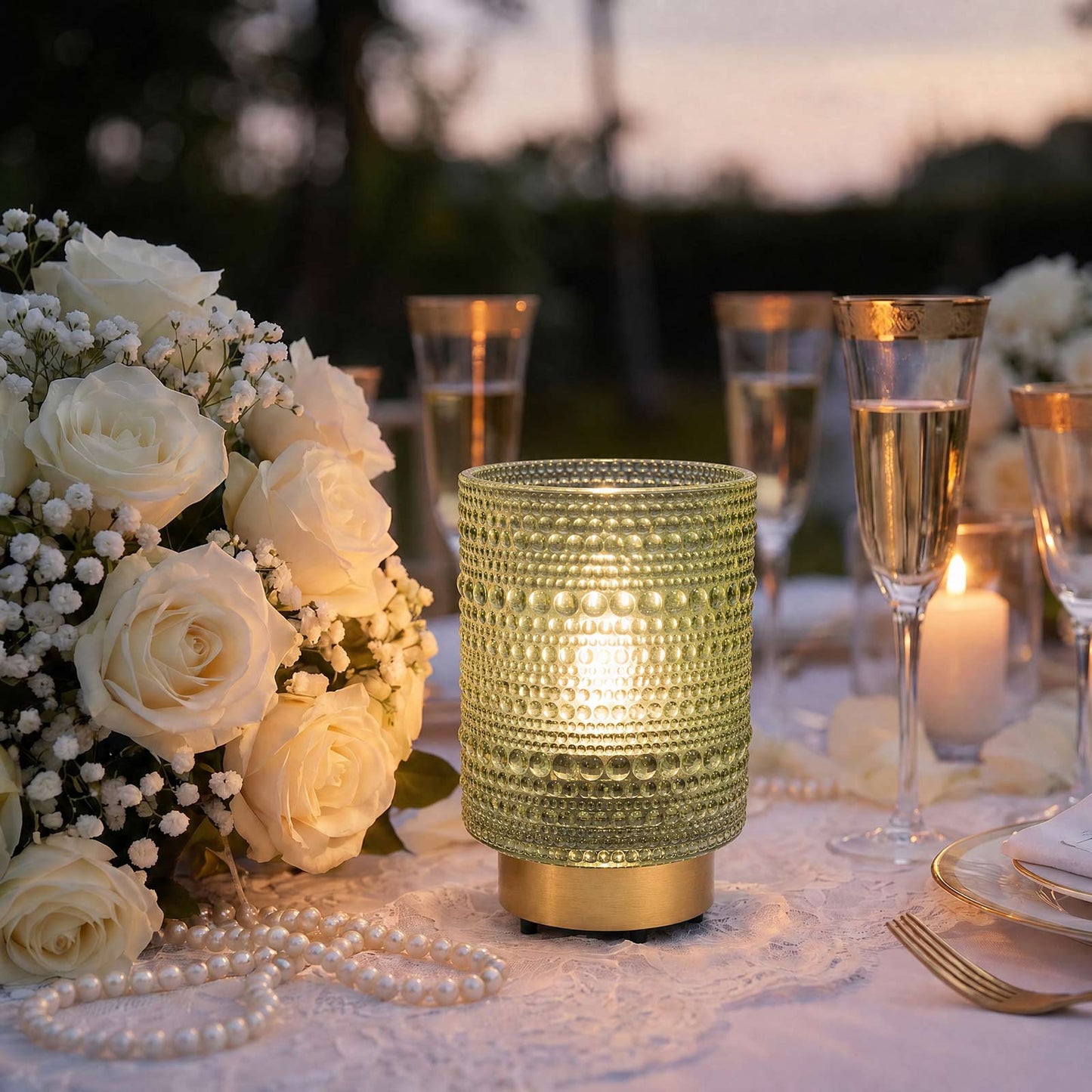 Dusty Sage Green Hobnail Glass Cordless Table Lamp 5.5" – USB Rechargeable Filament LED, Portable Ac