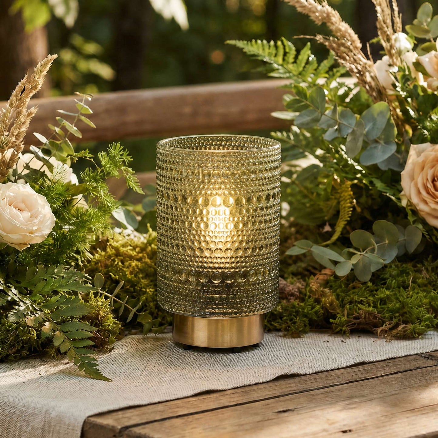 Dusty Sage Green Hobnail Glass Cordless Table Lamp 5.5" – USB Rechargeable Filament LED, Portable Ac