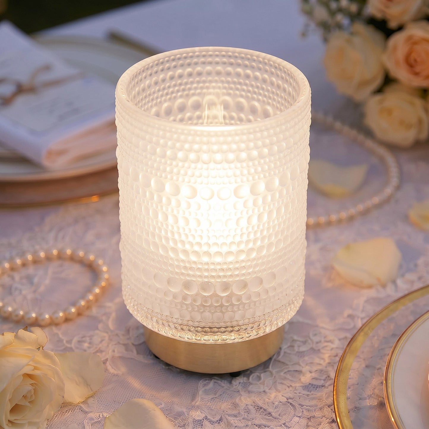 Frosted White Hobnail Glass Cordless Table Lamp 5.5" – USB Rechargeable Filament LED, Portable Accen