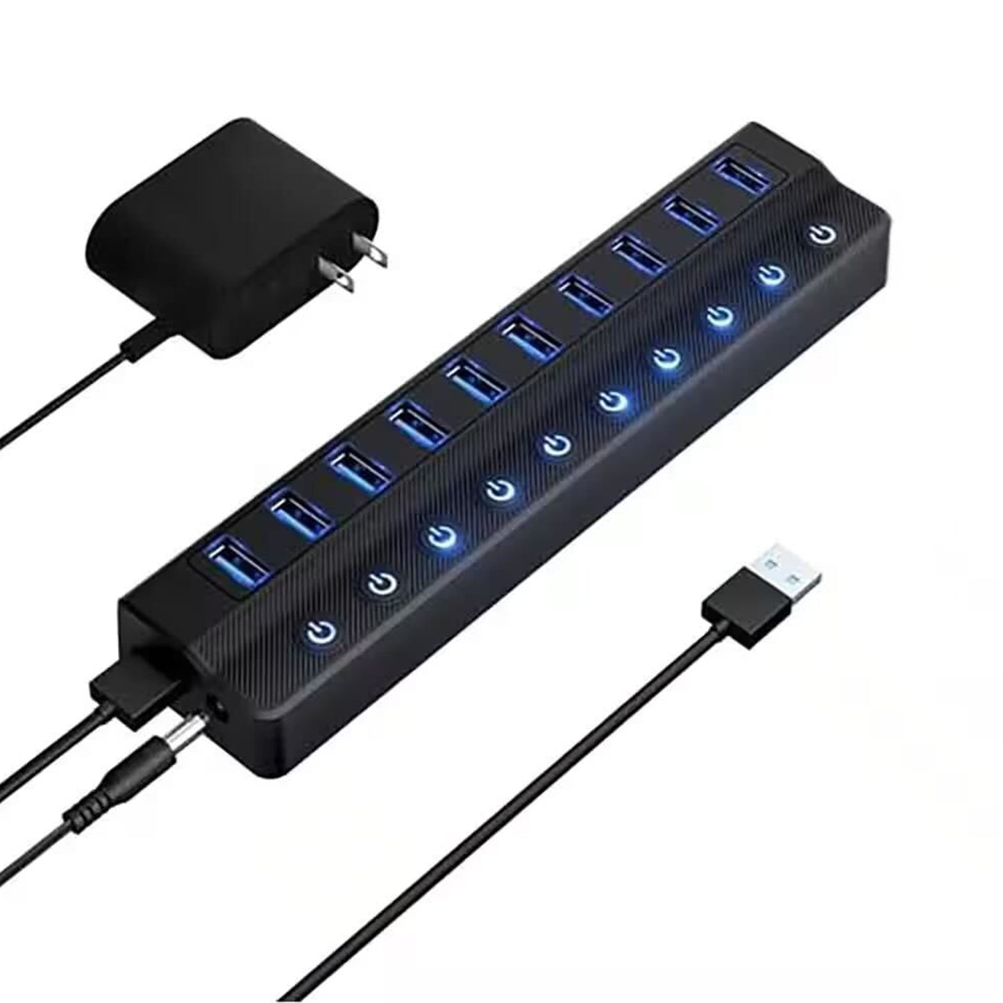 Black 10-port USB 3.0 powered charging hub with LED indicators.
