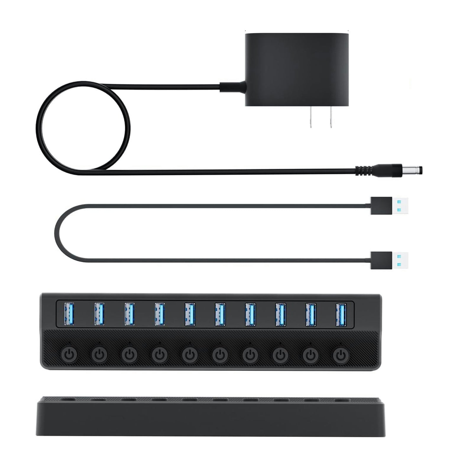 Black 10-port USB 3.0 powered charging hub with independent switches.