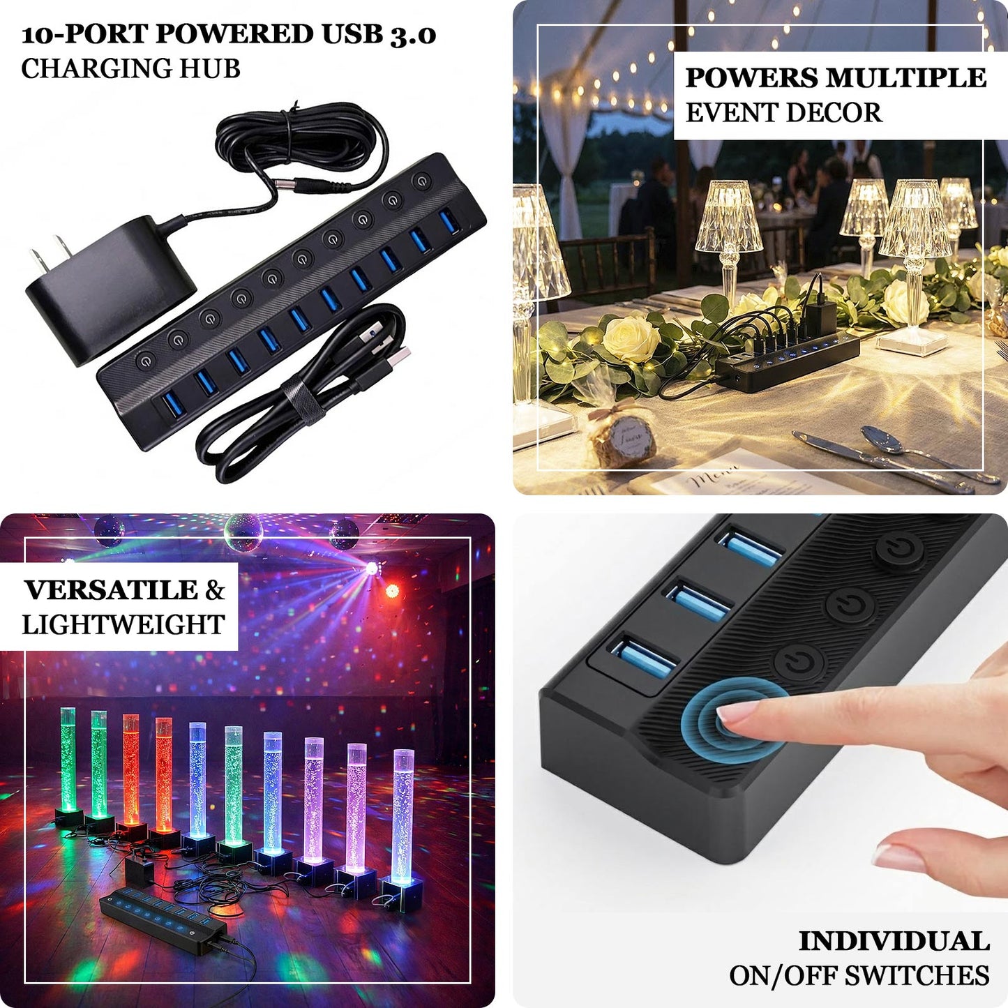 10-Port USB 3.0 powered charging hub with independent switches, featuring blue LED indicators.