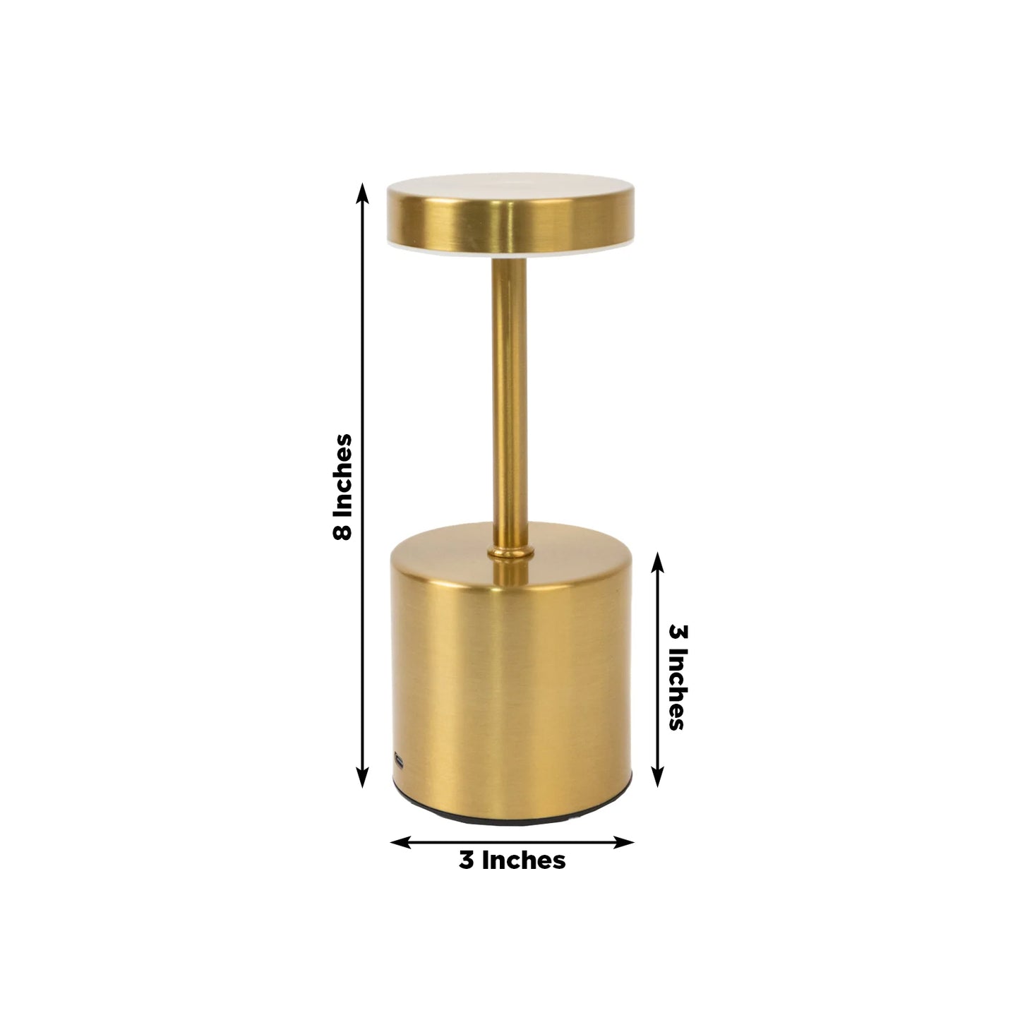 Gold metal LED table lamp, 8 inches tall, modern minimalist design.