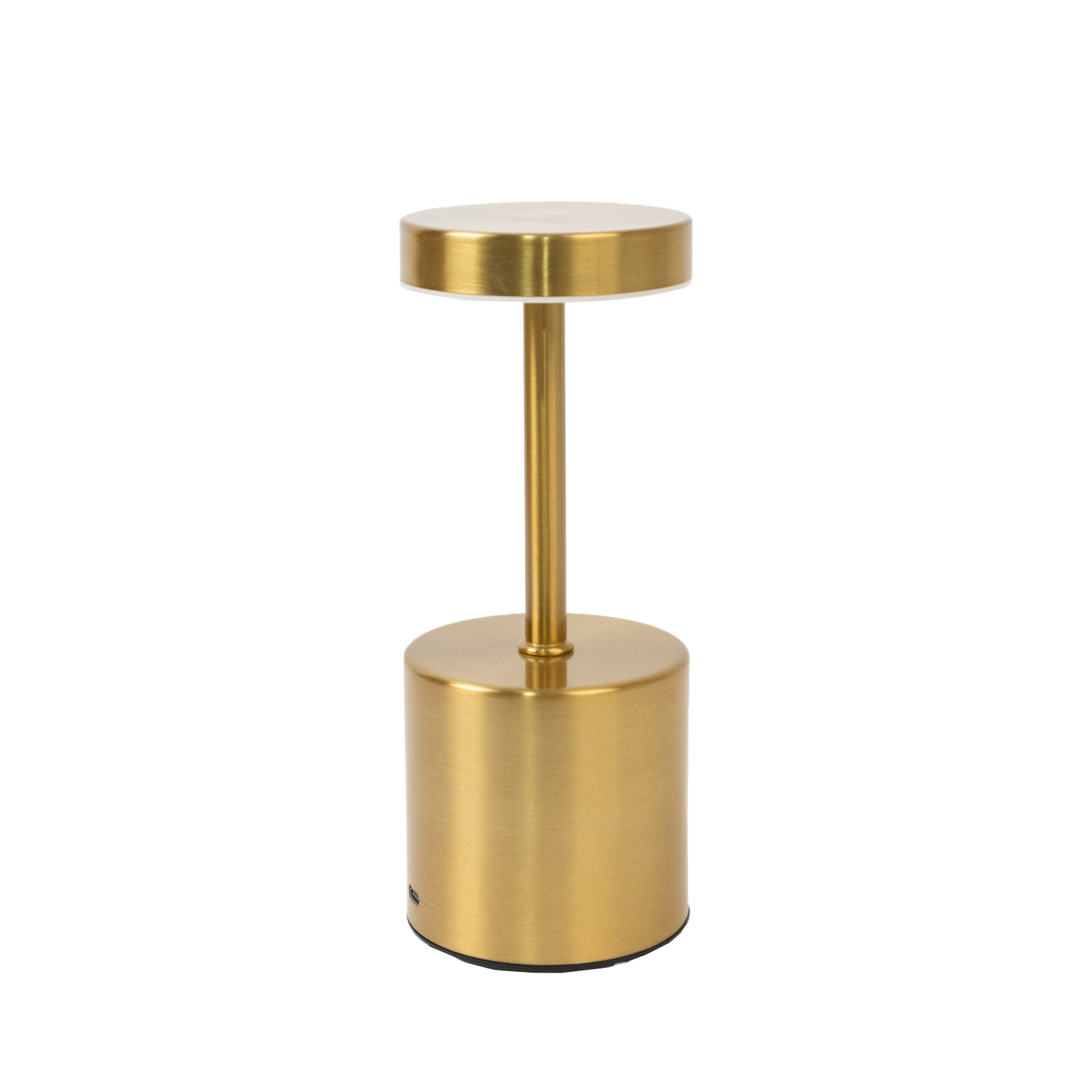 Gold metal LED table lamp, cordless and rechargeable, modern minimalist design.