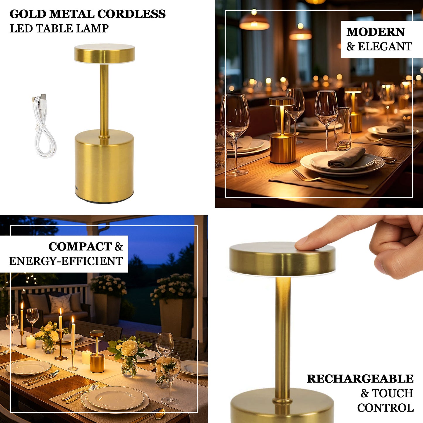 Gold metal LED table lamp, cordless and rechargeable, modern minimalist design.