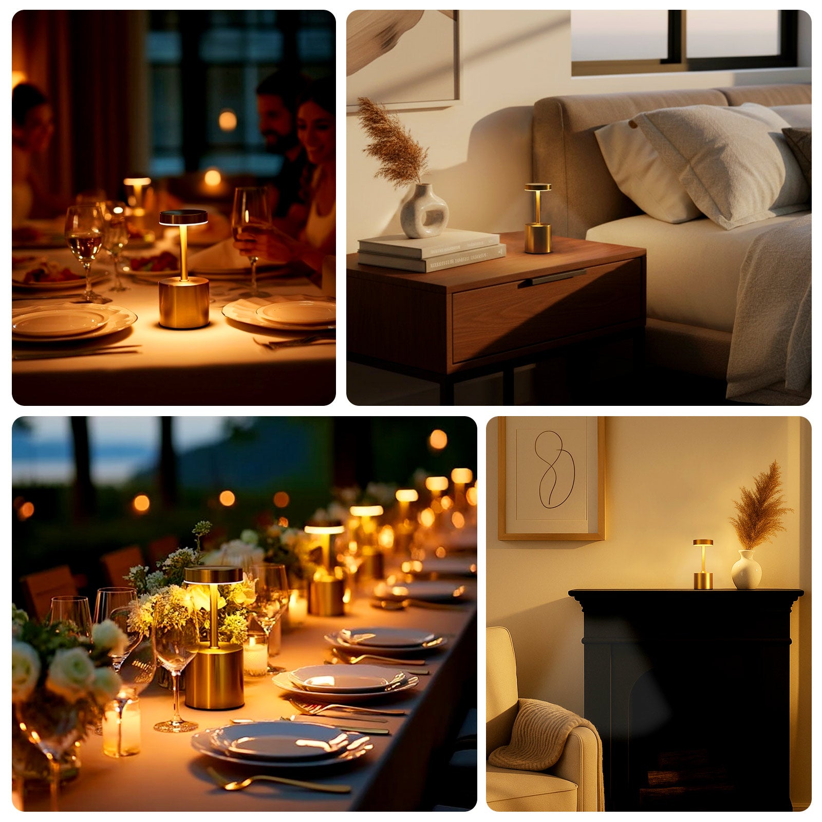 Gold Metal LED Table Lamp – Cordless, Dimmable Touch-Control Night Light in a modern setting.