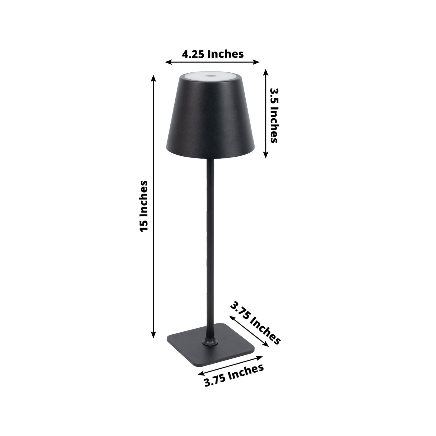 Black metal LED table lamp with classic empire lampshade, cordless and rechargeable.