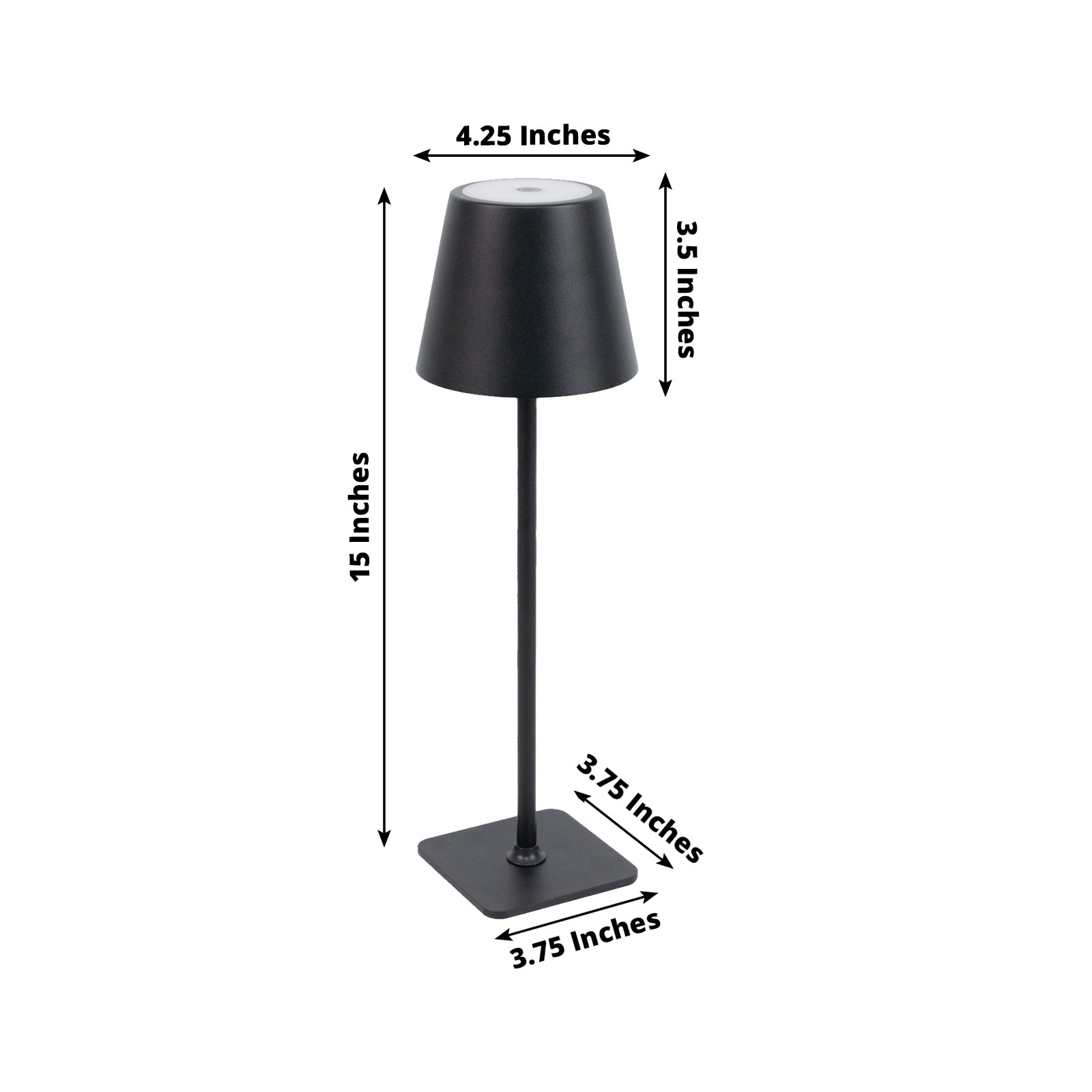 Black metal LED table lamp with classic empire lampshade, cordless and rechargeable.
