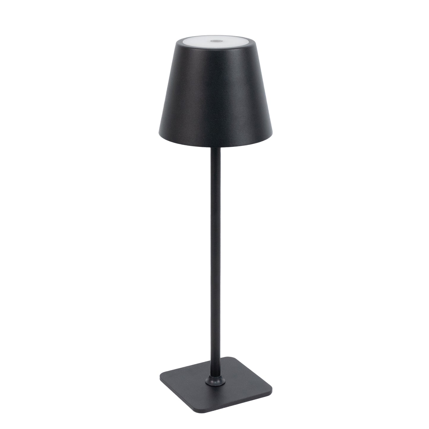 Black metal LED table lamp with classic empire lampshade, cordless and rechargeable.