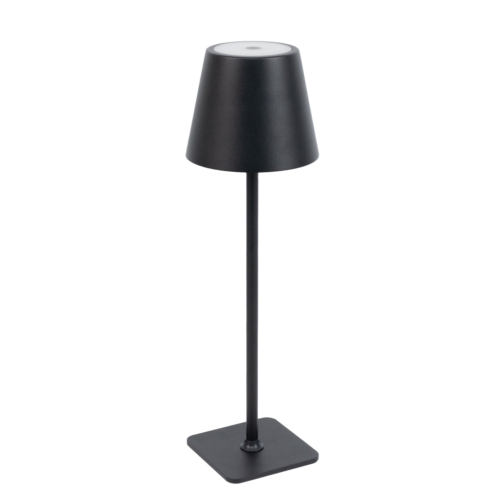 Black metal LED table lamp with classic empire lampshade, cordless and rechargeable.