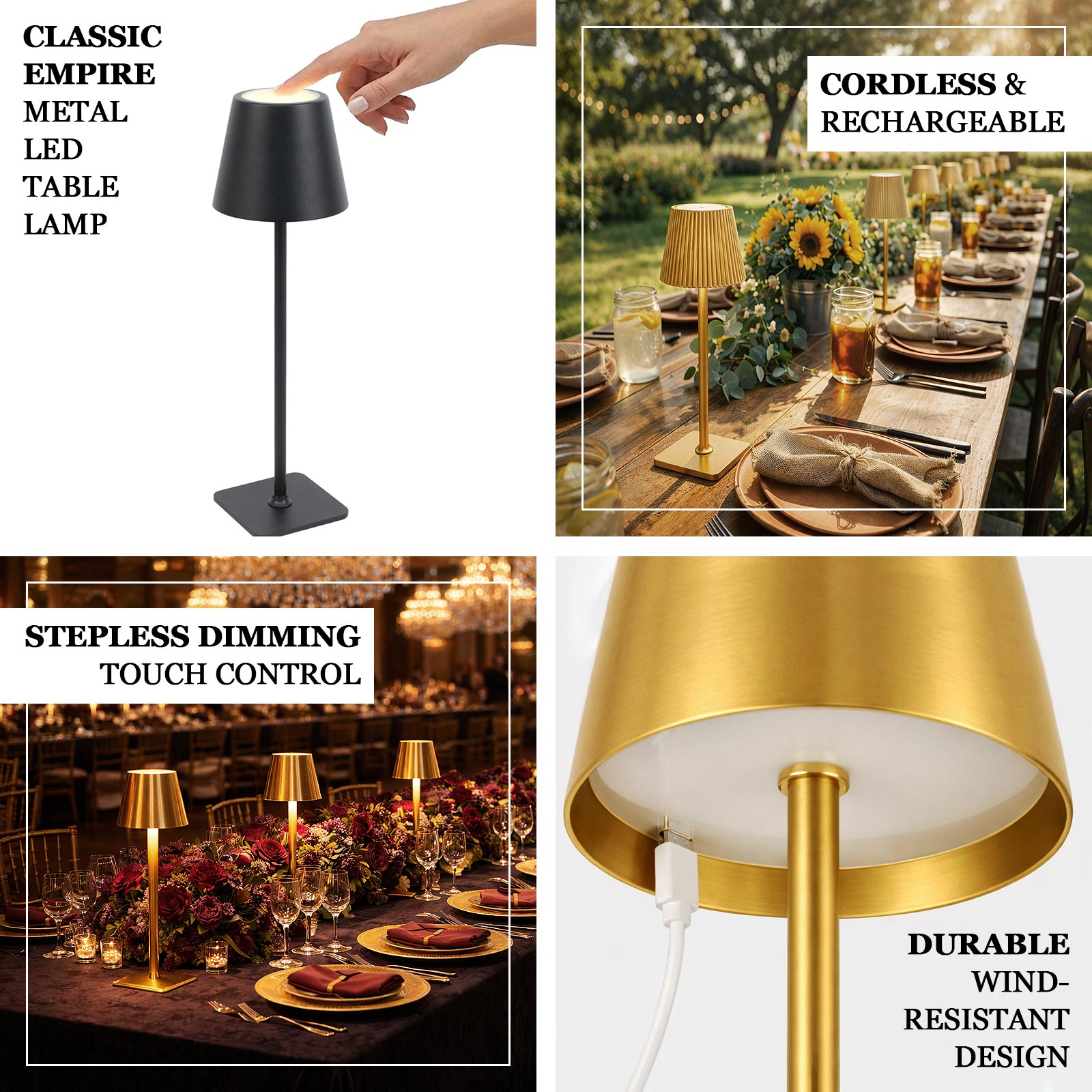 Gold metal LED table lamp with classic empire lampshade and touch control.