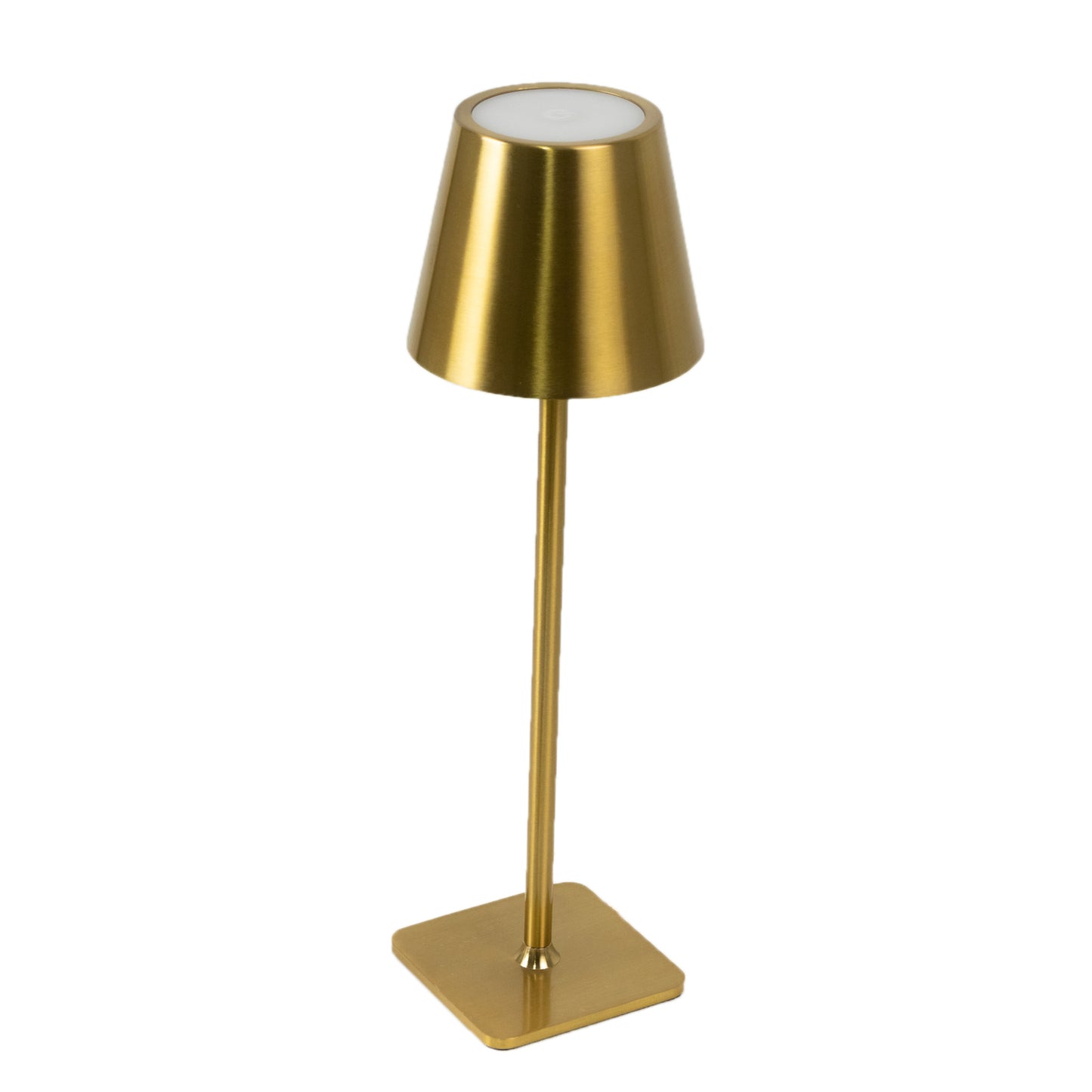 Gold metal LED table lamp with classic empire lampshade and touch control. #whtbkgd