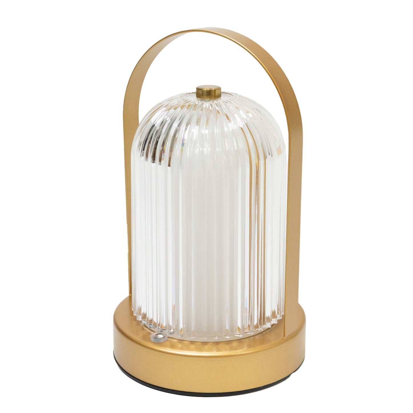 Gold metal LED table lamp with ribbed acrylic shade and touch control. #whtbkgd
