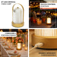 Gold LED table lamp with ribbed acrylic shade, touch control, and cordless design.