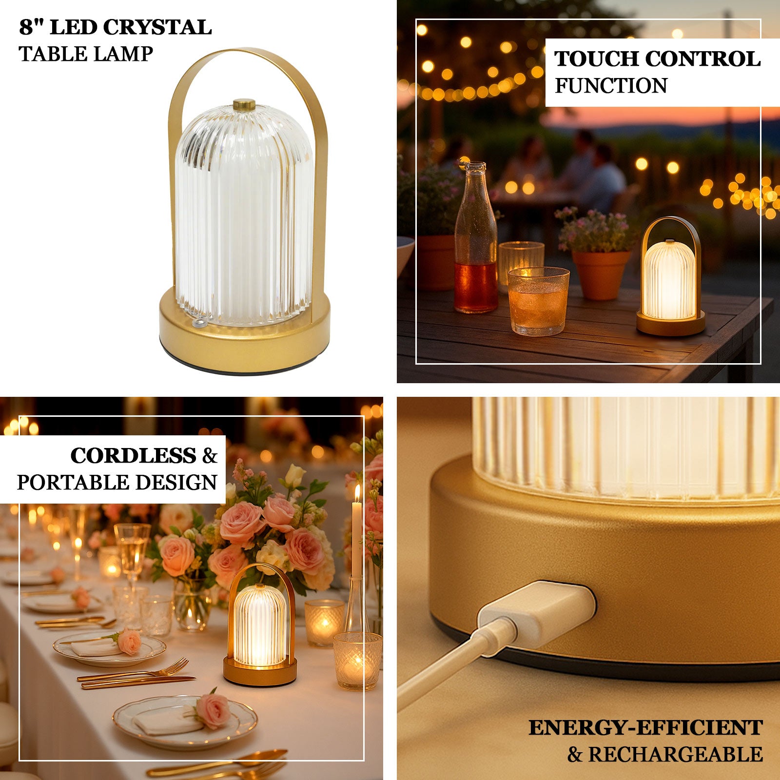 Gold LED table lamp with ribbed acrylic shade, touch control, and cordless design.
