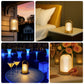 Gold LED table lamp with ribbed acrylic shade, touch control, and rechargeable design.