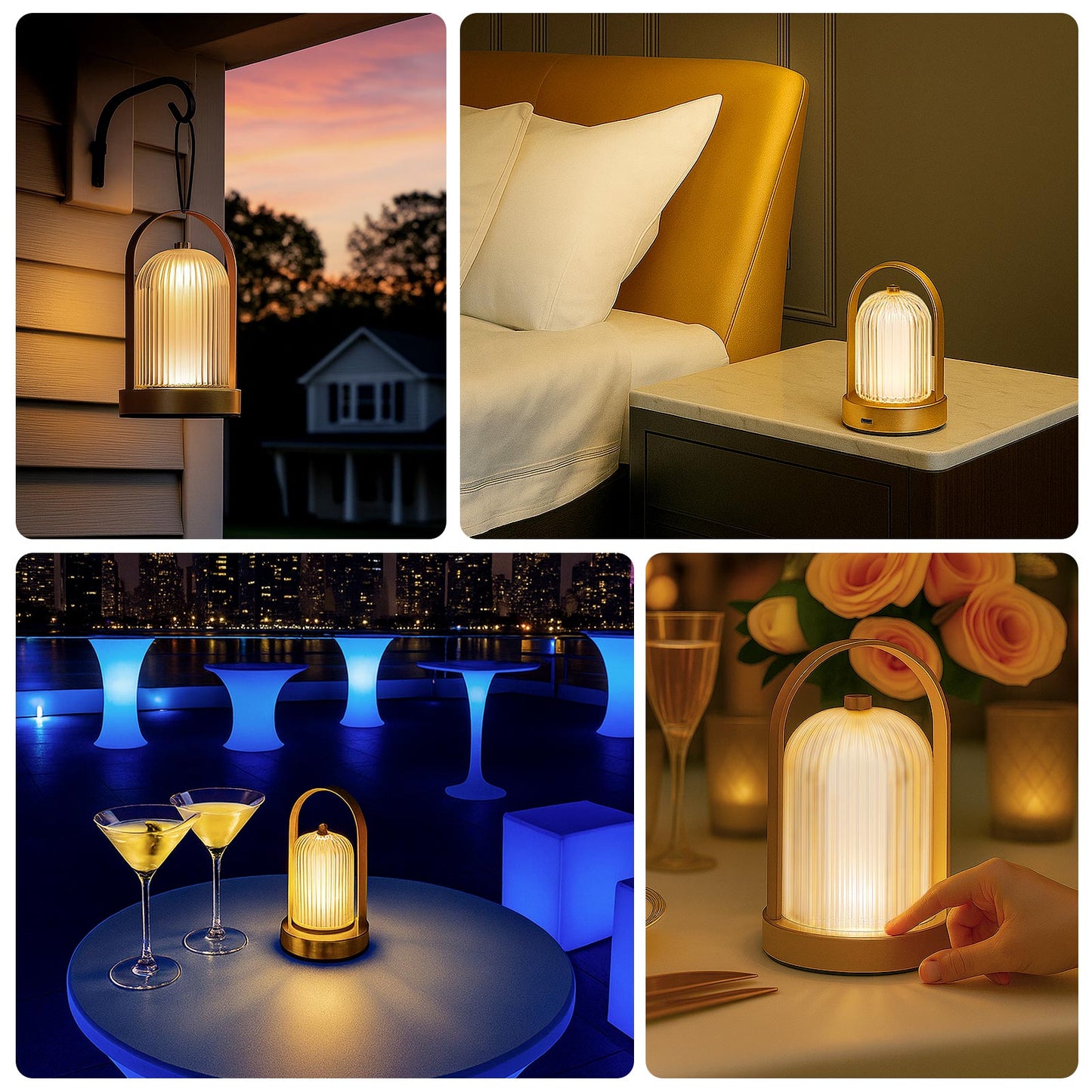 Gold LED table lamp with ribbed acrylic shade, touch control, and rechargeable design.