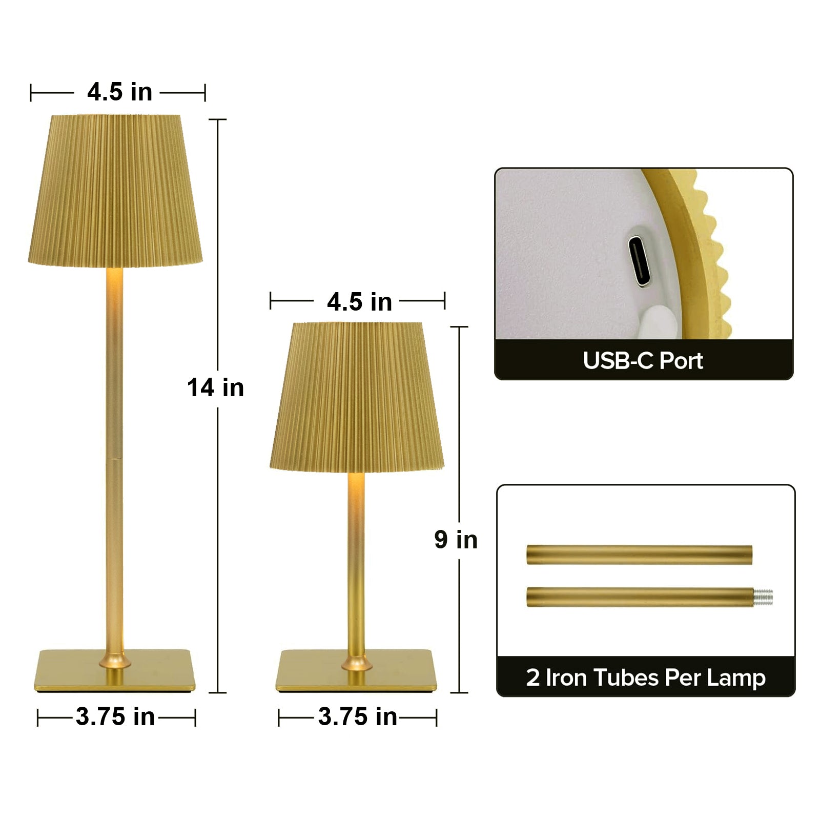 Gold cordless LED table lamp with adjustable height and touch control.